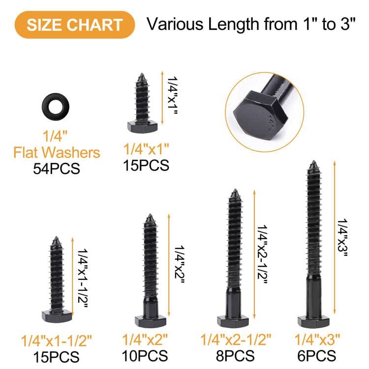 VIGRUE 1/4" Hex Lag Bolts Stainless Steel 18-8 (304), 108PCS Black Oxidized, Hex Lag Screws Heavy Duty Wood Screws Washers Assortment kit, Length Include 1" 1-1/2" 2" 2-1/2" 3" - Image 4